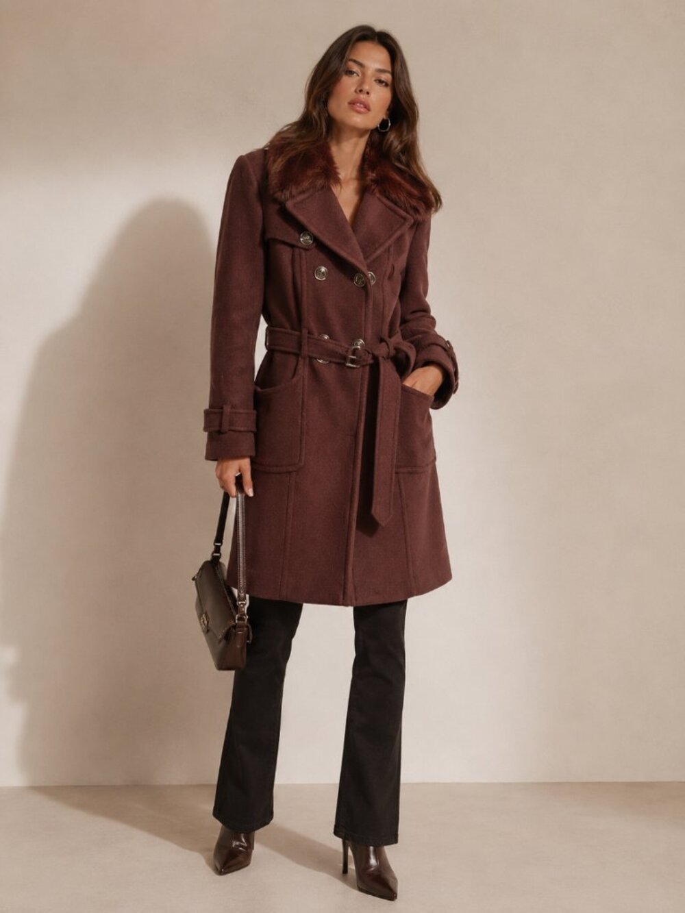 Bebe✨Y2k Belted Wool Blend Trench Rabbit Fur Collar- Rich Brown